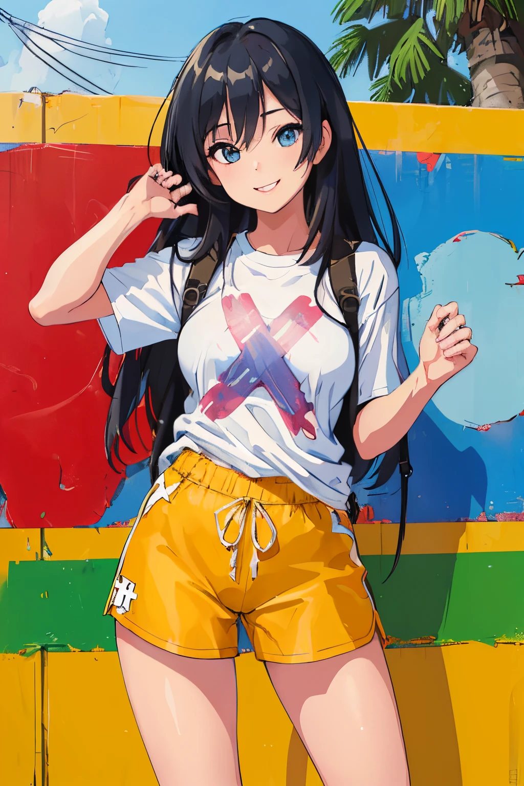 person,
(Best Quality, Masterpiece, RAW photo,Ultra-detailed:1.2), 1girl,独奏,looking a viewer,Smile, there is a cross and a ring on the T-shirt
