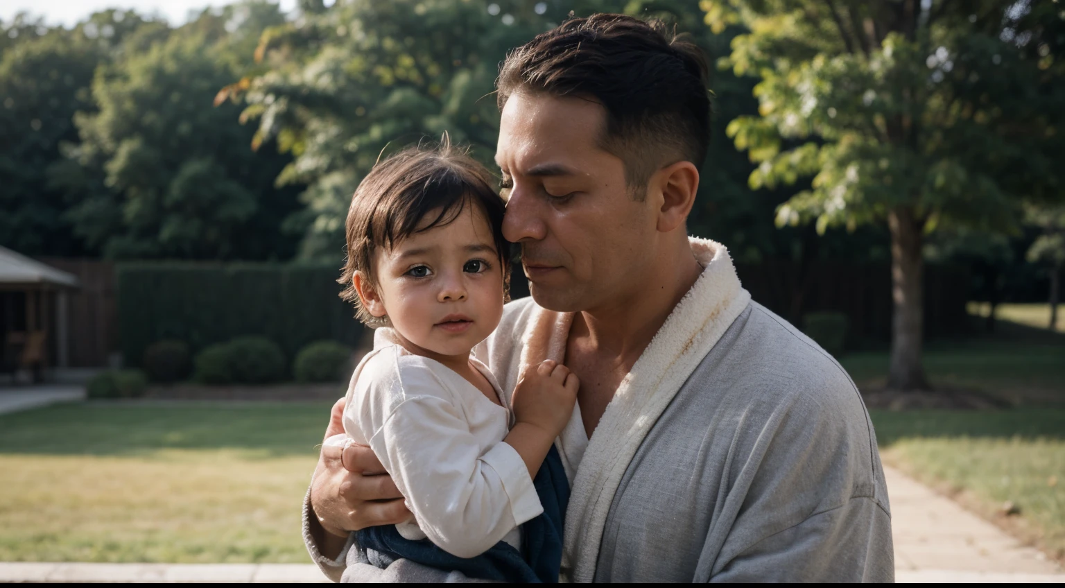 A father wearing a robe and holding his son in his hands, tears streaming from his eye