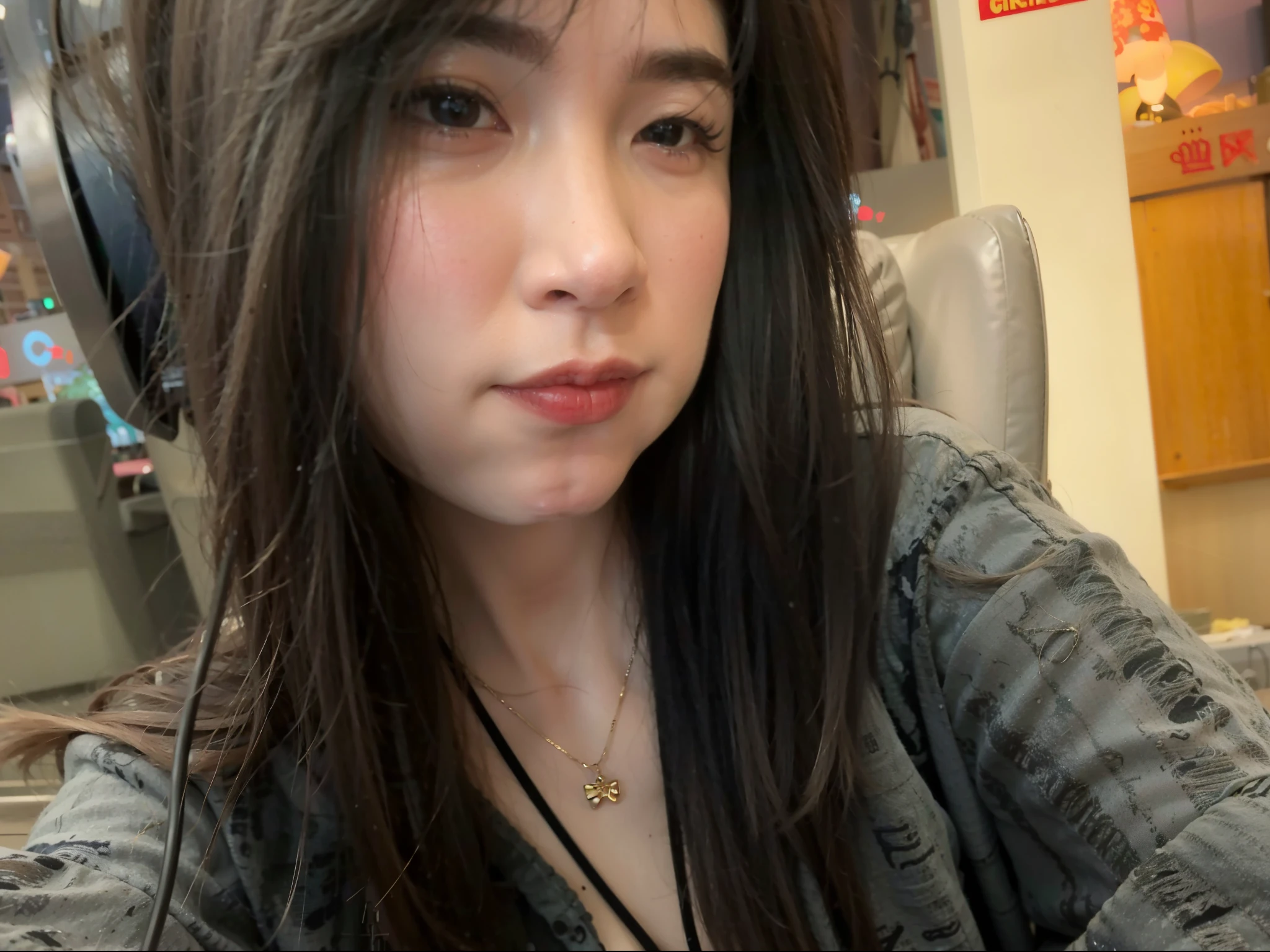 There was a woman wearing headphones sitting in a chair#okeh, # okeh, Very very low quality,very very low quality picture, Very low quality, Asia face, a young asian woman, Nodded, an asian woman, Taken in the early 2020s, low quality granular