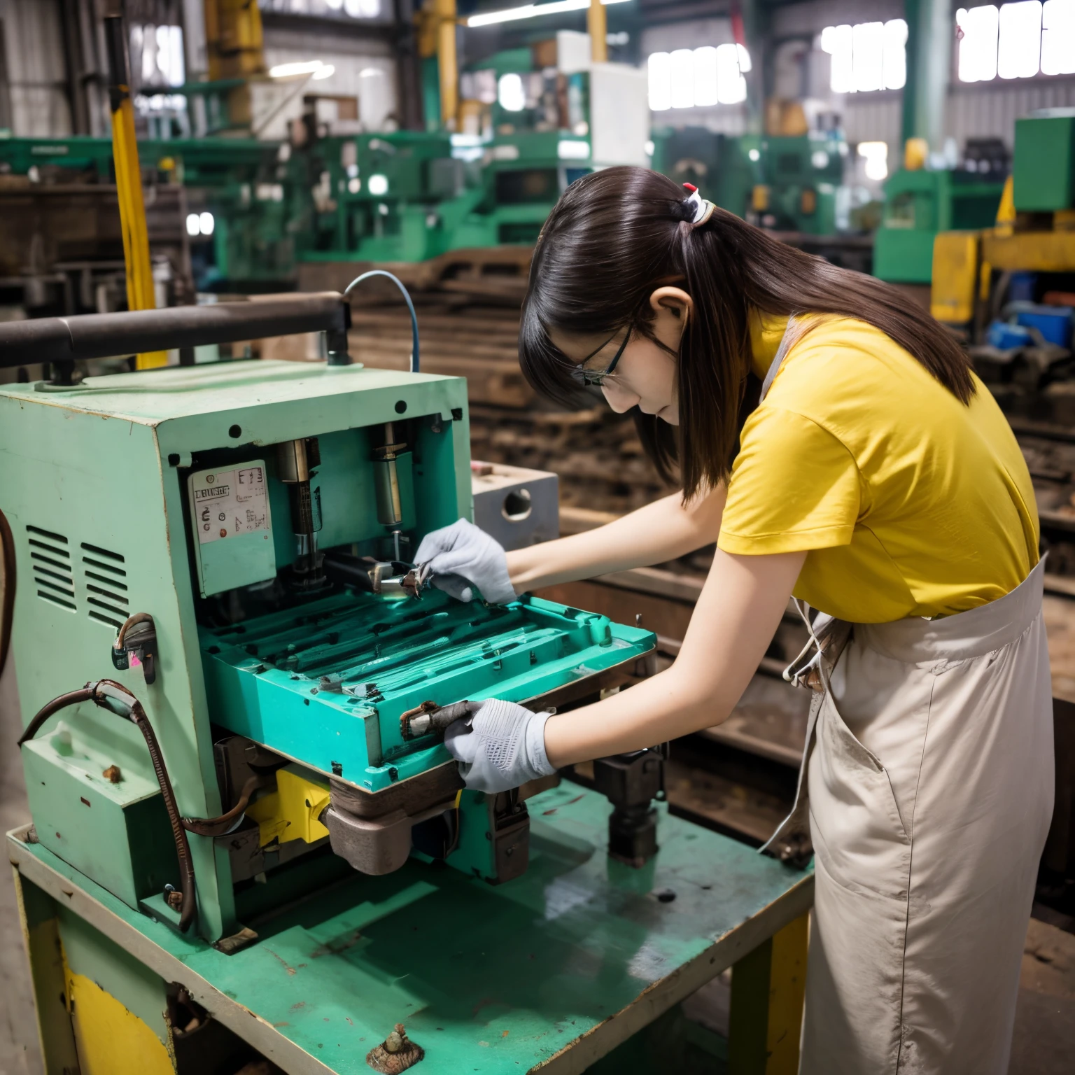 top quality photo, ((Round face)), film skin, (Correct limbs), femele, blush, (dropping eyes), makeup, Ecstasy face, Necklace, Climbing, straddle the exposed pipe, Open legs, raise leg, masturbation, Narrow factory, Many machines, ceiling, Hair UP, Work clothes,