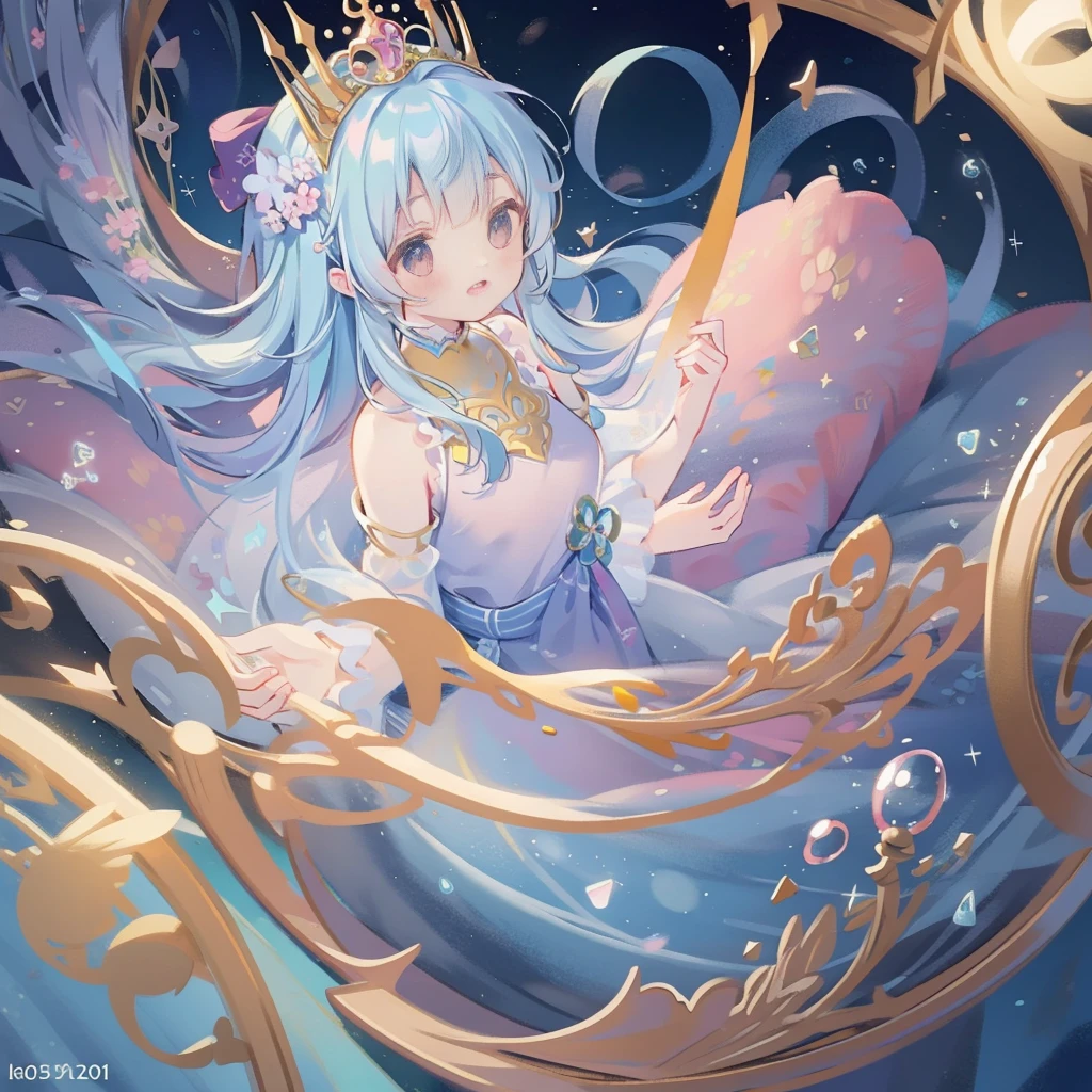 masutepiece, Best Quality, 8K resolution, Sharp Focus, intricate detailes, Beautiful Girl, Sparkling eyes, Golden Ratio Face, Otherworldly liquid, watercolor paiting, Pastel colors, Bright colors, capricious, Colorful, Sharp Focus, High resolution, Fine detail, Princess Fantasy Flowing Ball Gown, ((Round eyes)), Iridescent bubbles, Castle landscape in the background、tiny girl、kawaii