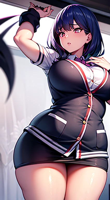8K,Ultra Detail,ultra-quality,super precision,The ultimate master piece,No extra arms,not enough extra legs,No extra fingers,School Cardigan,a miniskirt,plump thighs,discreet breasts,long shiny black hair,Sticking out one ear,Beautiful slit eyes,High school students,Baoduo Six Flowers(SSSS Gridman),