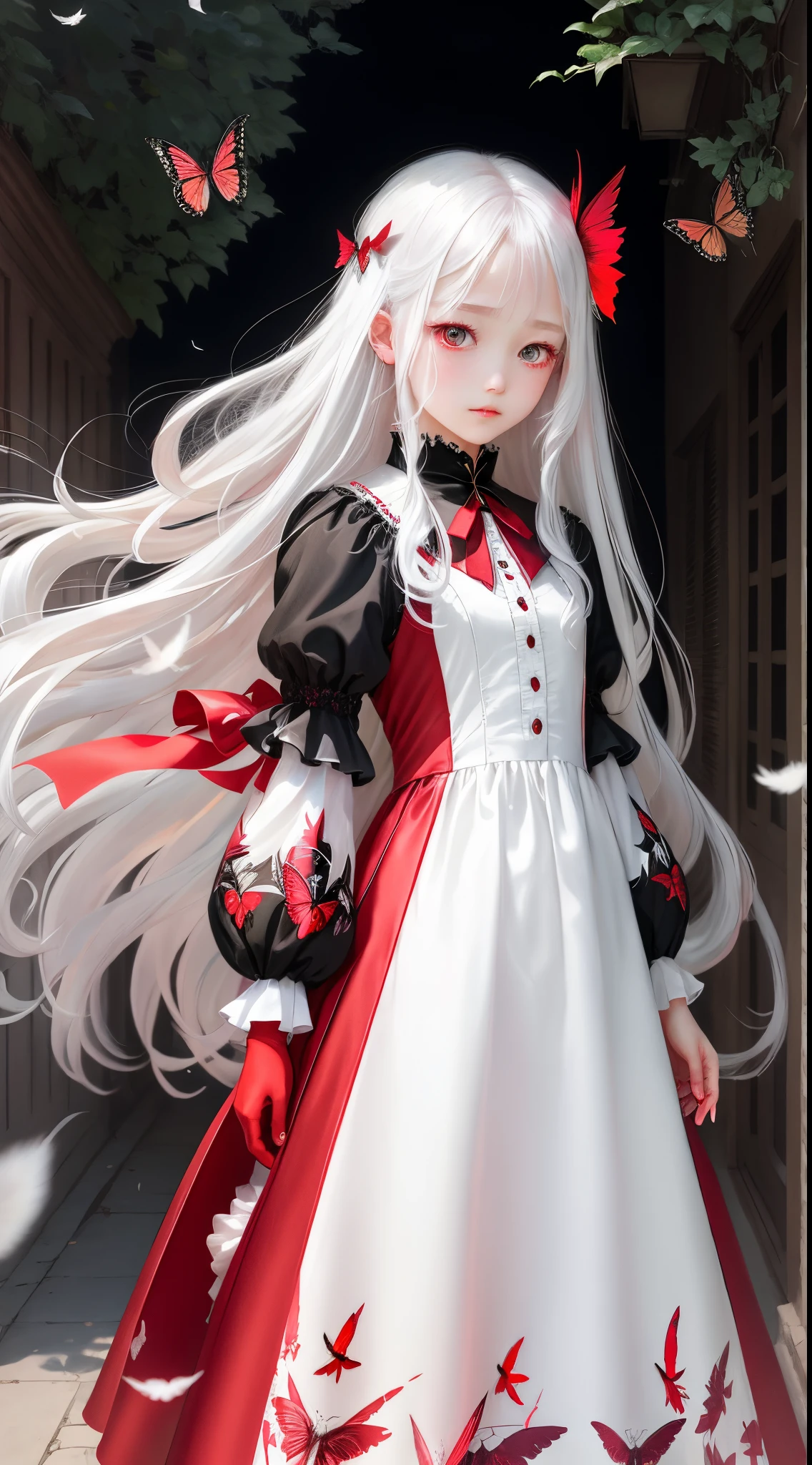 butterflys々Feathers of teens girl Red eyes Fantasia portraitures Long, shiny white hair waving in the wind、 Change the pose of the girl in this photo. Red dress