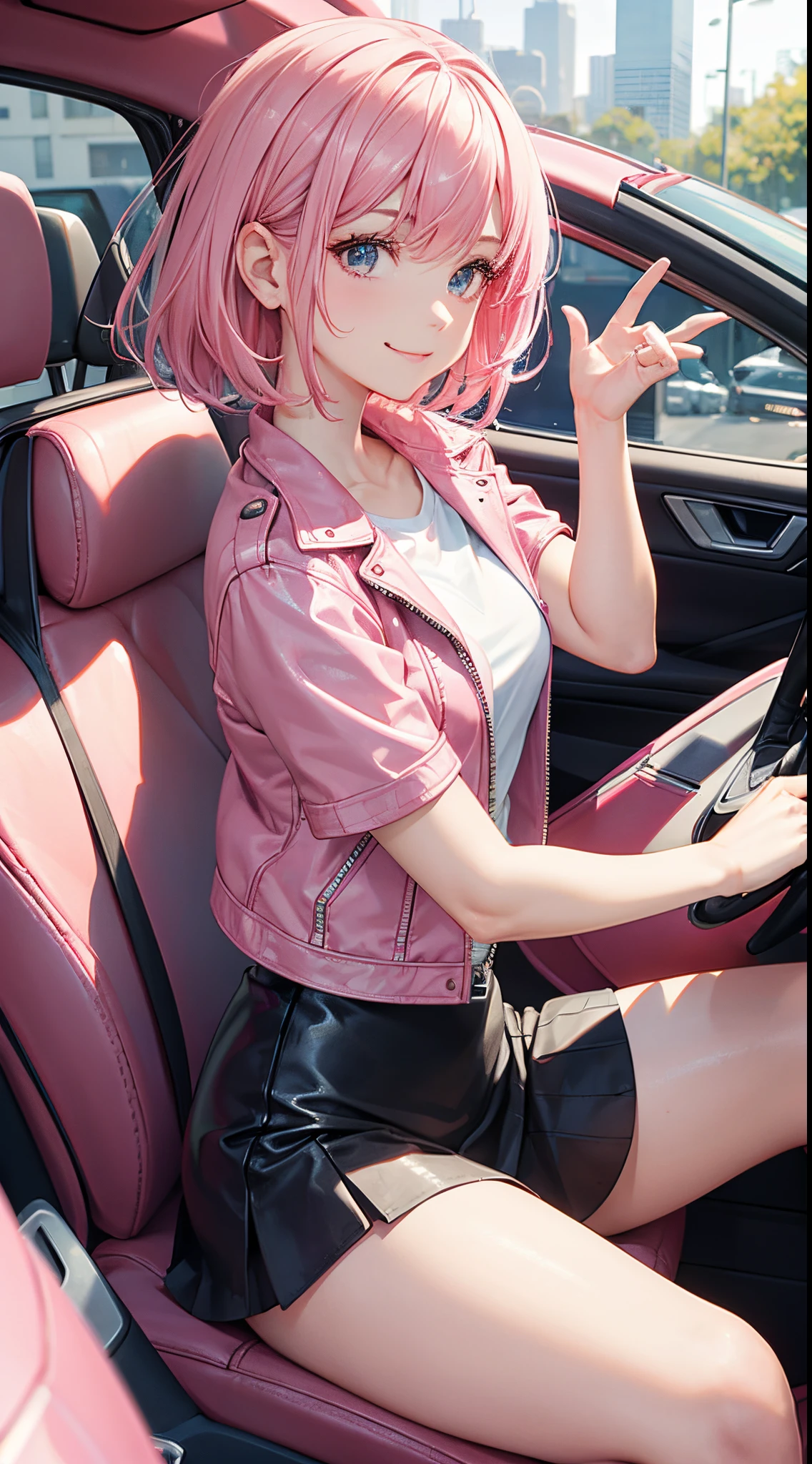 master piece,best quality, Solo lady,24 year old, beautiful eyes,cute, sitting, pink leather jacket, T-shirt, pink color tight skirt, shy smile, pink color hair, short hair, flipped hair, waving in a strong wind hair, driving a pink sports car
