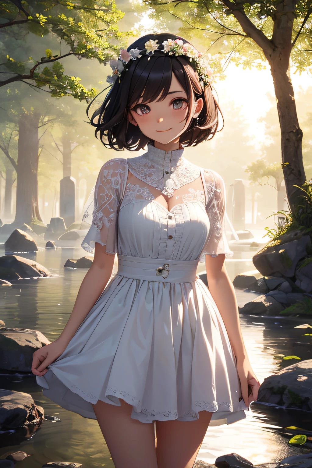 Very cute and beautiful girl,white sundress with small ruffles,(very detailed beautiful face and eyes:1.2),
(Cowboy Shot),Detailed legs,Smile,Black hair,flowercrown,
(Standing by a water fountain in the forest),Fog,fantastic stone monument,Detailed landscapes,
(Best Quality,masutepiece:1.2),(Intricate details),Extremely detailed,hight resolution,1 girl,
Cinematic lighting,Dim light,Dynamic Angle,Hair fluttering in the wind,