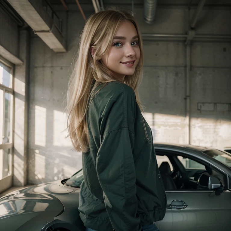 Masterpiece, best quality, (very detailed CG unity 8k wallpaperest quality), (best illustrationest shadows), 25 years old girl, casual clothes, blonde hair, green eyes, cute smile, staning in the car repair shop, photo from side