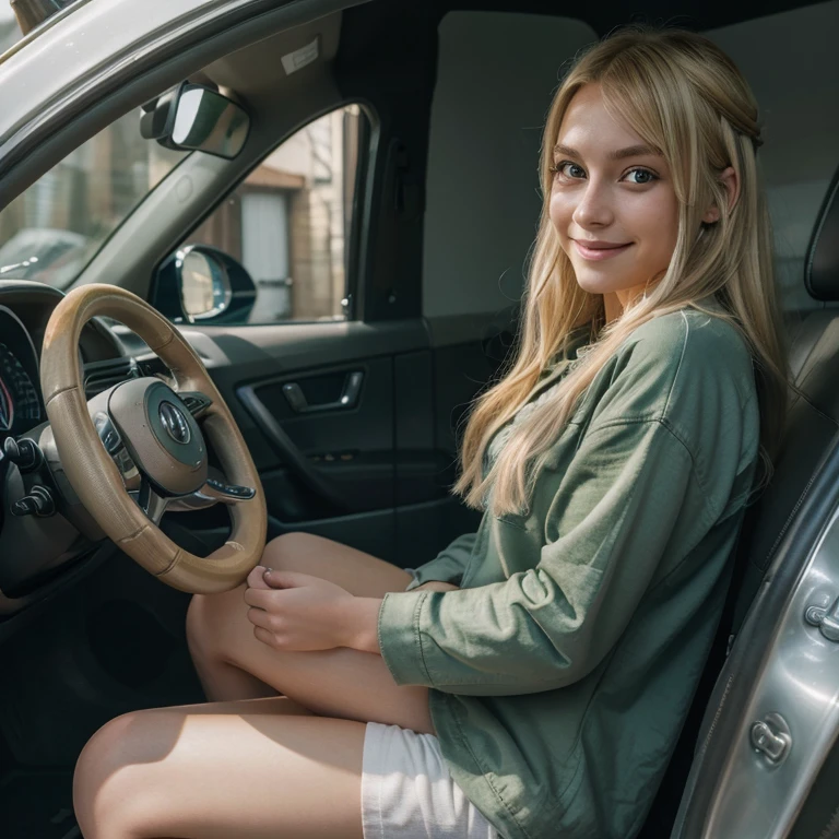 Masterpiece, best quality, (very detailed CG unity 8k wallpaperest quality), (best illustrationest shadows), 25 years old girl, casual clothes, blonde hair, green eyes, cute smile, staning in the car repair shop, photo from side