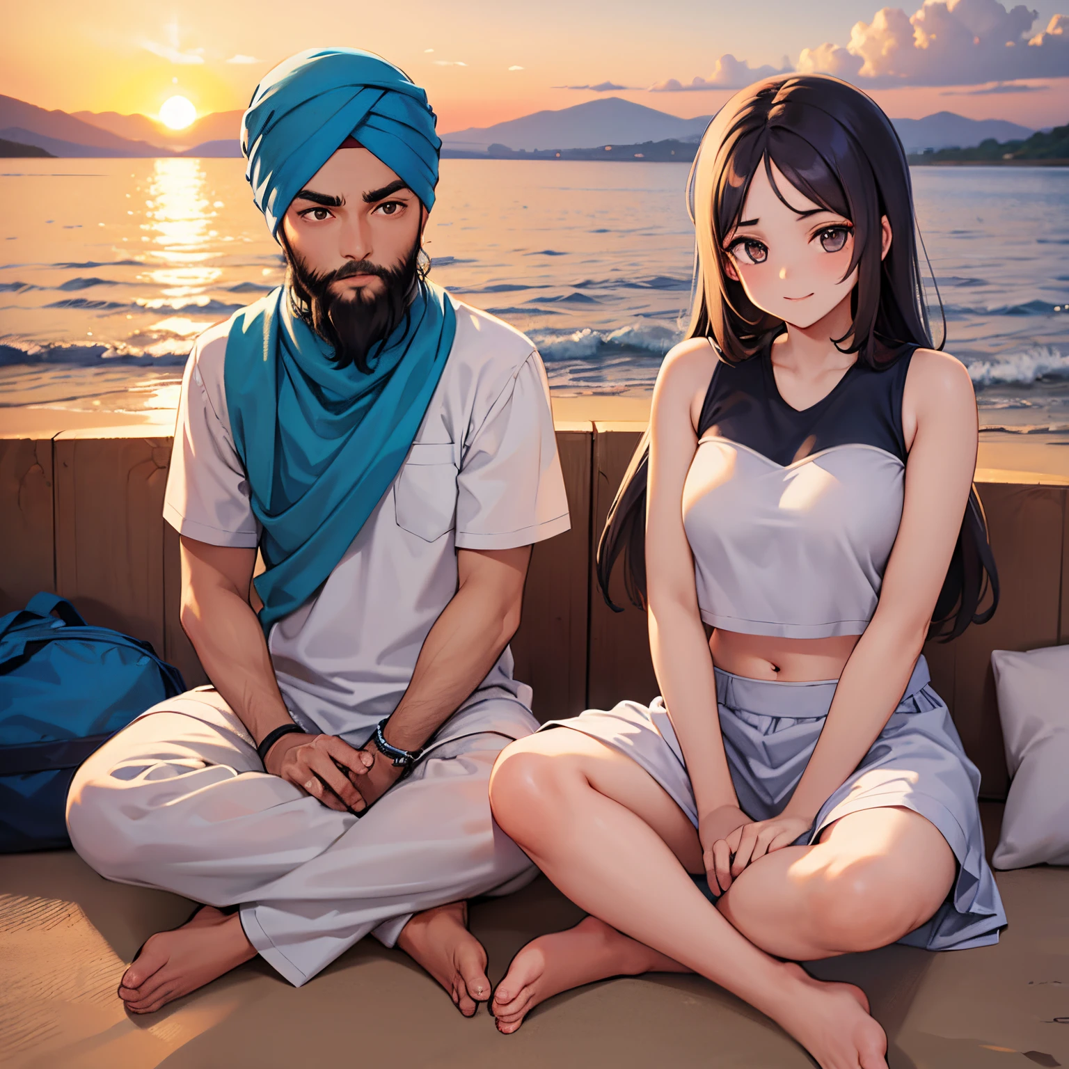 sikh guy and his girlfiend sitting on thr beach and watching sunset.