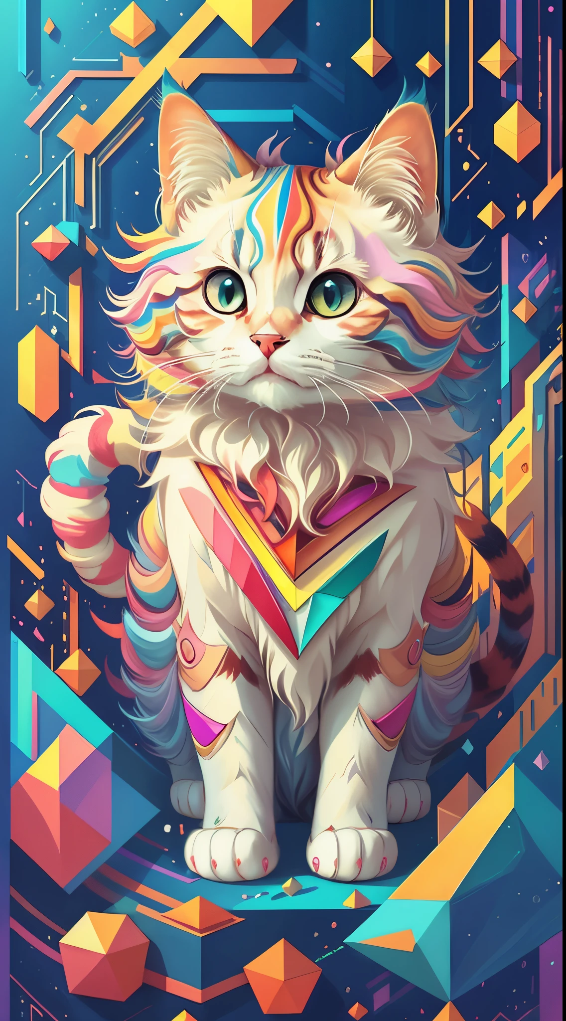 (Best Pose),(best angle), (Better representation), cat,Multidimensional geometric wall portrait, Artistically, Chibi,
yang08k, Beautiful fece, colouring,
Main works, Superior Quality, top-quality, offcial art, Beautiful and aesthetic, colourful hair,