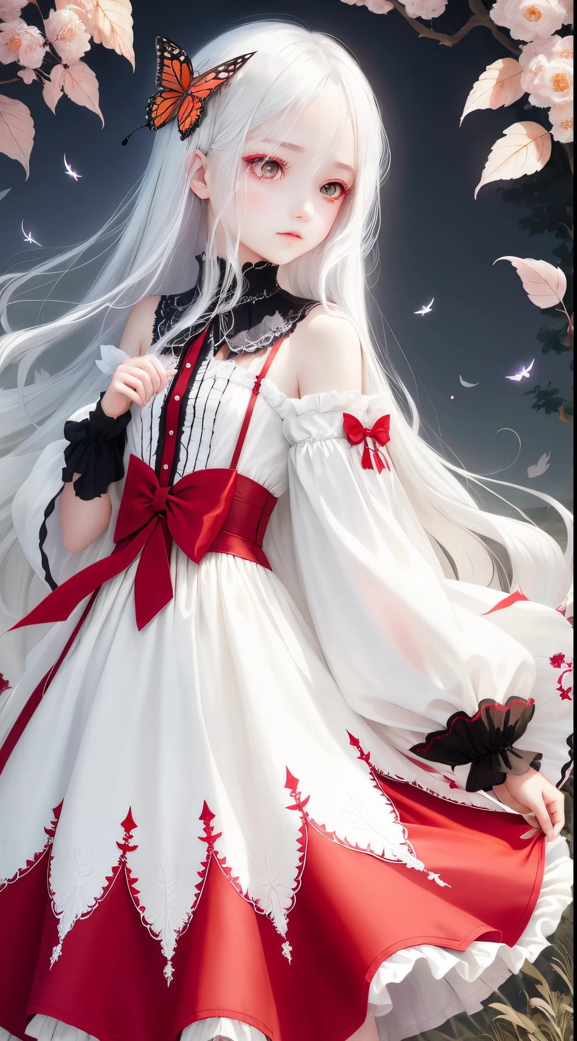 butterflys々Feathers of　teens girl　Red eyes　Fantasia　portraitures　Long, shiny white hair waving in the wind、　Change the pose of the girl in this photo.　Red dress