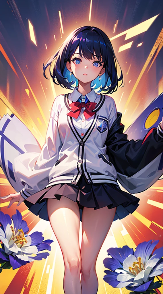 8K,Ultra Detail,ultra-quality,super precision,The ultimate masterpiece,No extra arms,not enough extra legs,No extra fingers,School Cardigan,a miniskirt,Thicker thighs,big butts,tiny chest,long shiny black hair,Sticking out one ear,Beautiful slit eyes,High school students,Baoduo Six Flowers(SSSS Gridman),