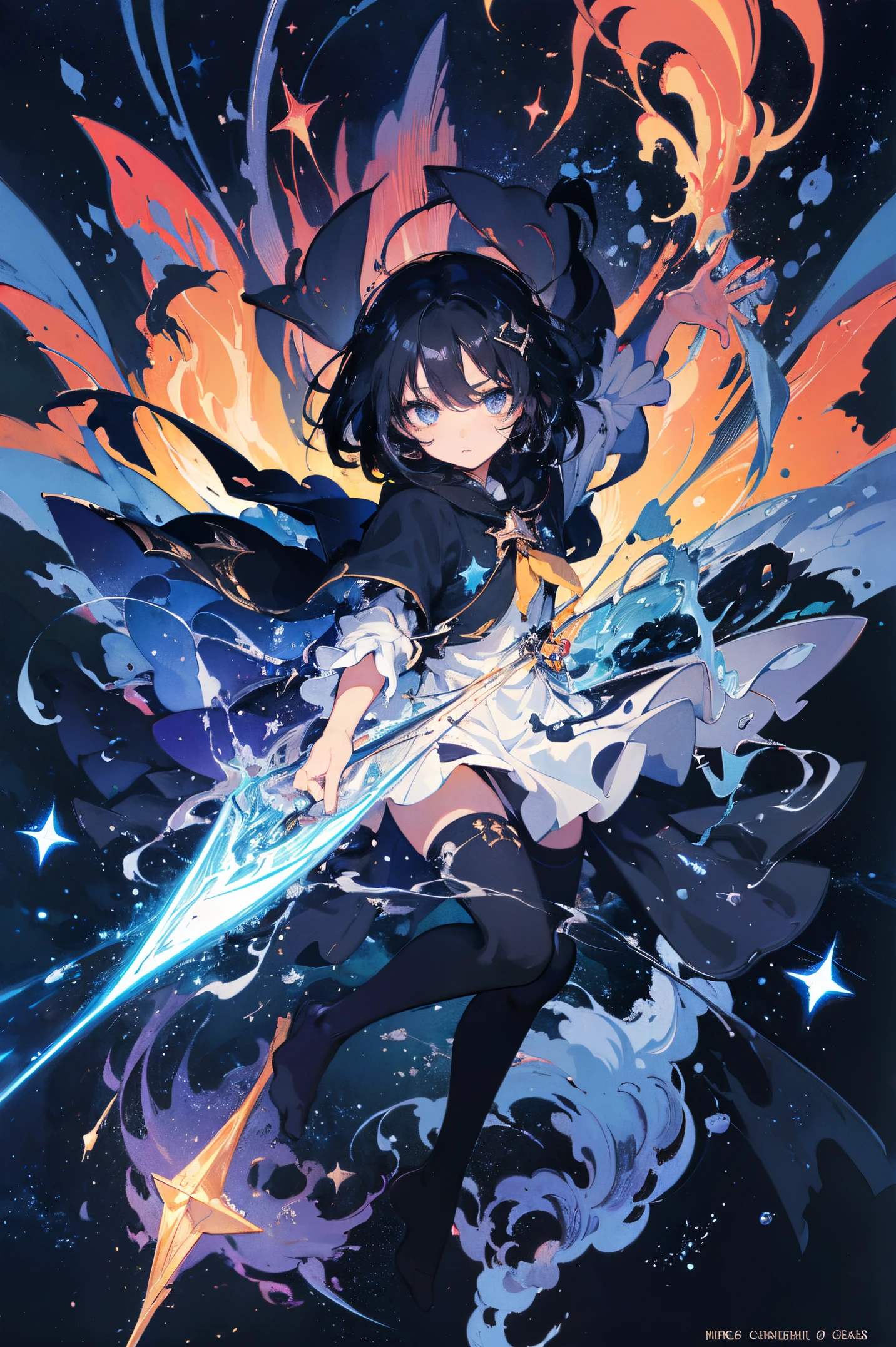 (masterpiece、top-quality、Official art:1.2)、Look at viewers、())、(Wizard's Clothing)(Black color hair)(Panchira),star island、Spraying water fragmentaculie group),floating colorful starry sky、(2D:1.5)