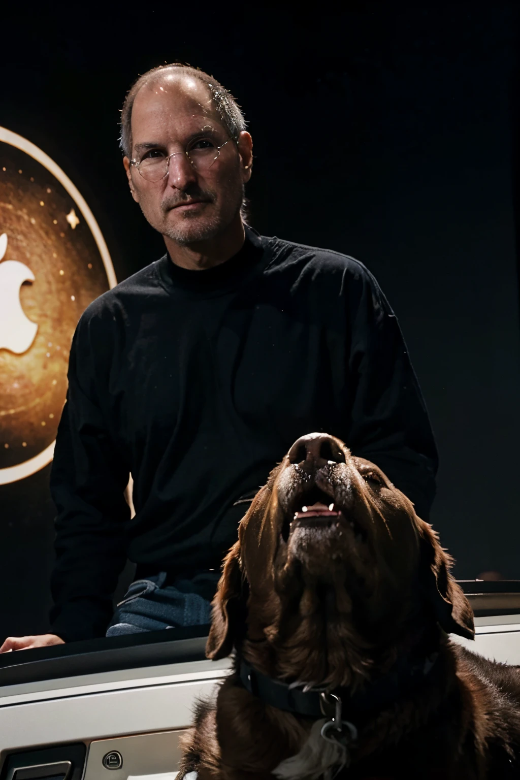 Steve Jobs has a dog's face in the background, an apple galactic ship that crosses space time