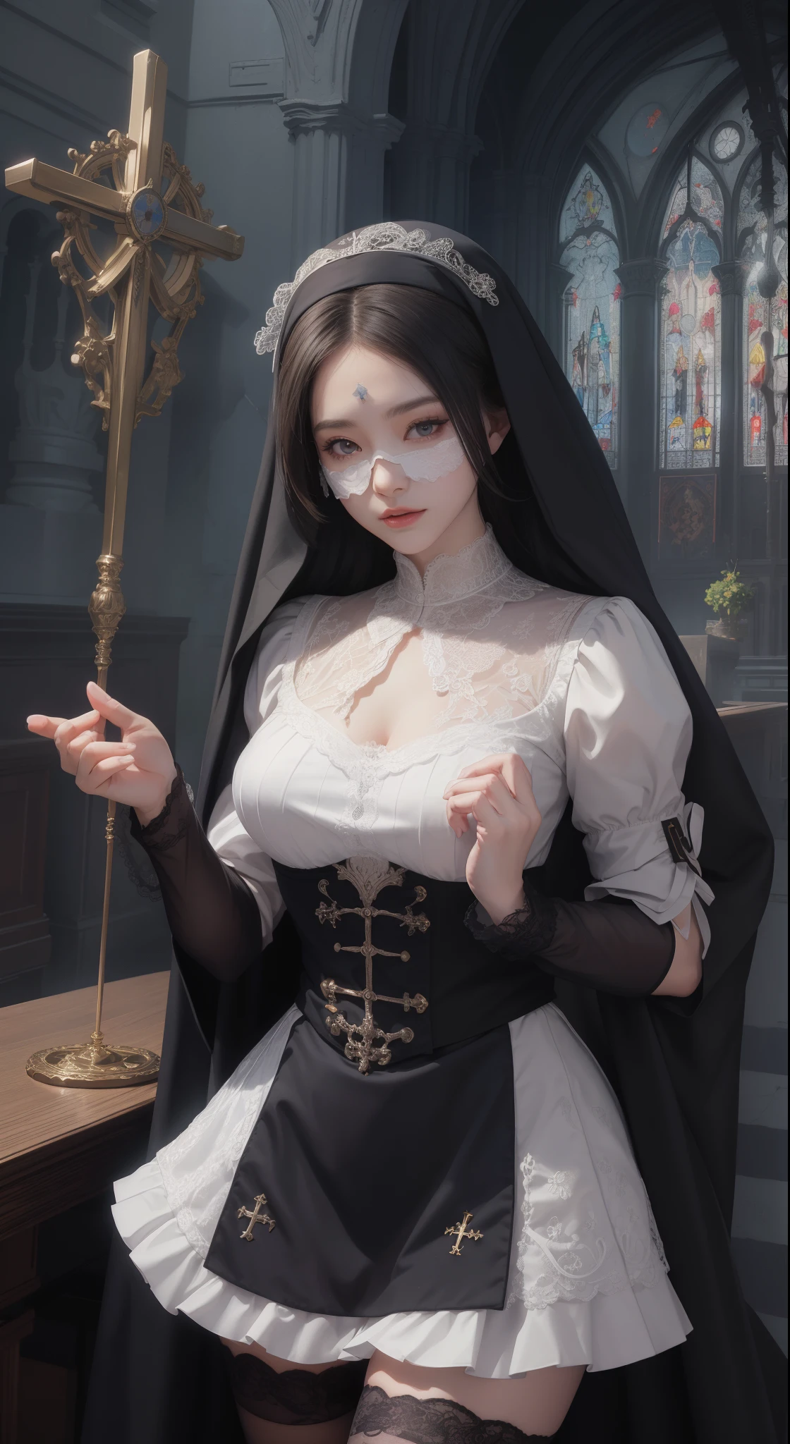 tmasterpiece，Highest image quality，Beautiful full body portrait of a blind girl，femele&#39;Short hairstyle，eye mask lace eye mask，Comes with nun and black stockings，Church background，Ultra-detailed details，advanced。At the Pixiv Art Station，Break your own power，The kinky is exposed，R-18G