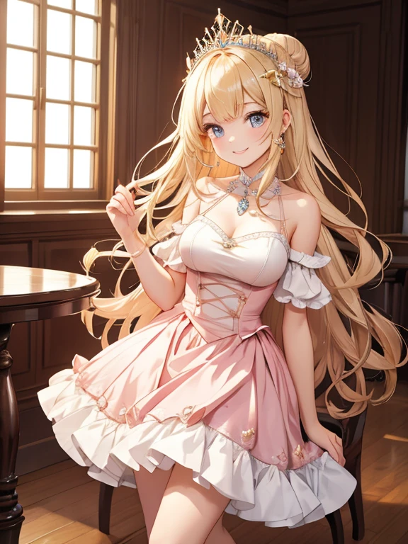 //Character 1girl, my intimate princess , slim and soft, medium large breast, ultra detailed face, innocent, round face, thin eyeblow, sparkly pupils, translucent skin, extra long hair, blonde hair, curly hair,side swept bangs with a bun,
BREAK
//Fashion Her outfit is celebration of the anniversary, it connsists pale pink evening dress, gold tiara, skirt is fluffy and delicate pattern, delicate high heel , holding glass of sparkling drink,
BREAK
//LOCATION
at a ballroom,
BREAK
// behavior
standing, grinning , smiling full of compassion,