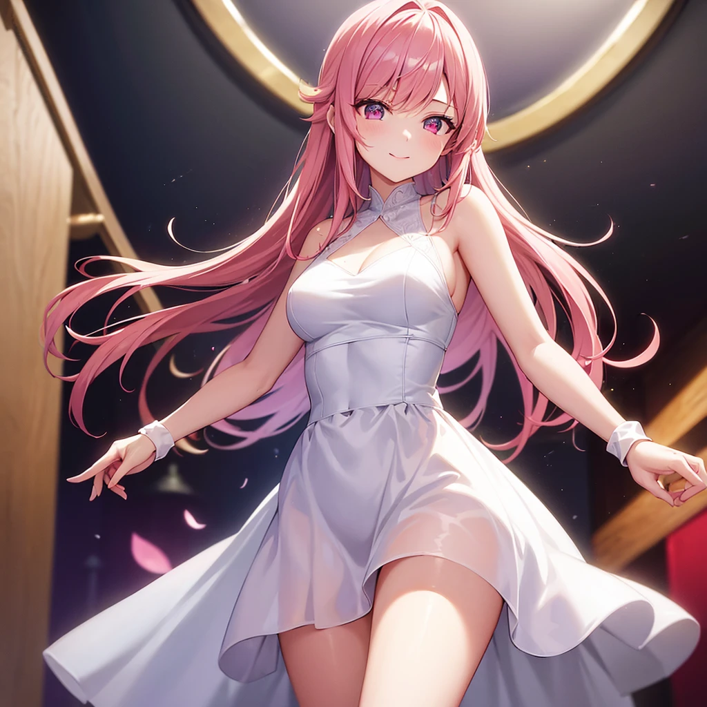 (A high resolution:1.6), actual,Smile model, Beautiful skins, Glowing skin, The face is red, beautidful eyes, Bright and attractive eyes,, A girl wearing a pure white dress with gold accents, floated hair, pink haired one, through bangs, Pink and purple gradient pupils, gentlesoftlighting, Subtle shadows,illuminations,rustic,At the bazaar,Many people are shouting,Someone waved to the girl,The girl responded