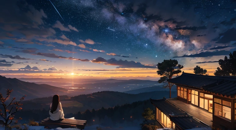 octans, 天空, stele(天空), landscapes, starrysky, natta, Woman in white, nigh sky, 独奏, plein air, built, 云, milkyway, Sitting backwards, The tree, length hair, 城市, silhuette, Cityscape