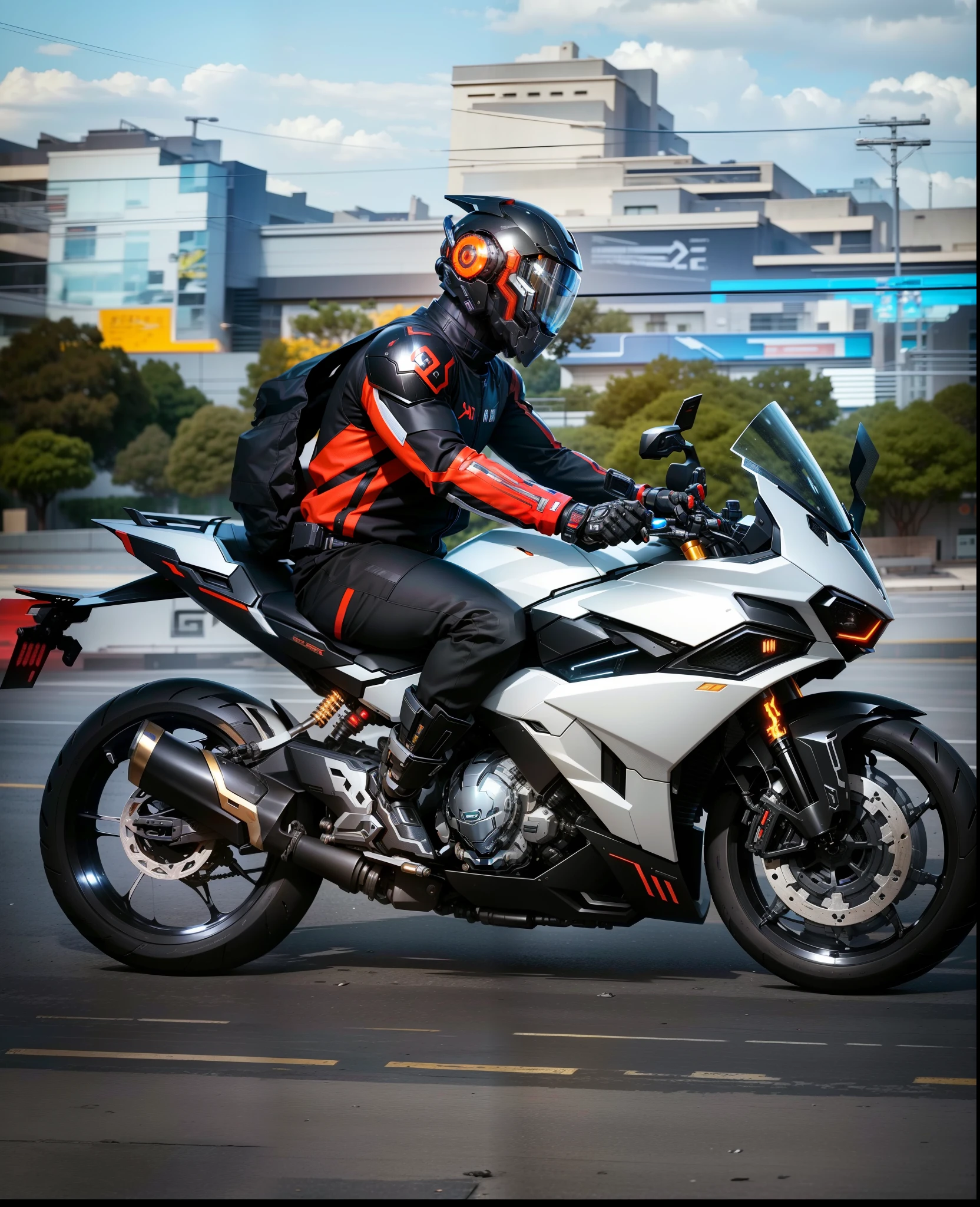 Handsome black mecha cyber warrior，Information mechanical motorcycle，High-tech black full enveloping helmet，Noor， Biomechanical SHN Robot Man，High-tech helmet，hyper realisitc， steel， Complex design， Very detailed very detailed， The lines are extremely clear， 电影灯光， Live photos， A Detailed Masterpiece