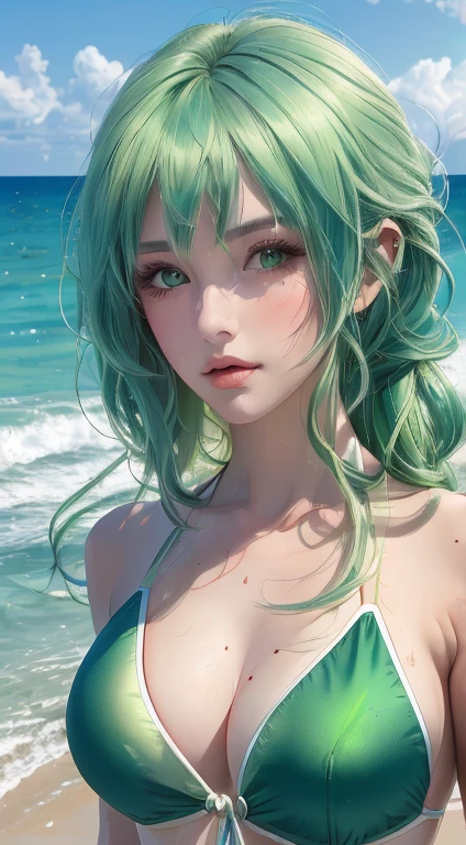Beautiful girl with green hair, against the backdrop of sea and sand, in a bathing suit, many details