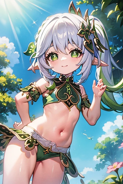 bottomless, flat chest, sunbathing, 8 , loli, outde, smiling, sunny, bright sunlight, grass, pointy ears, hair ornament, white hair, green hairstreak, side ponytail, masterpiece, best quality