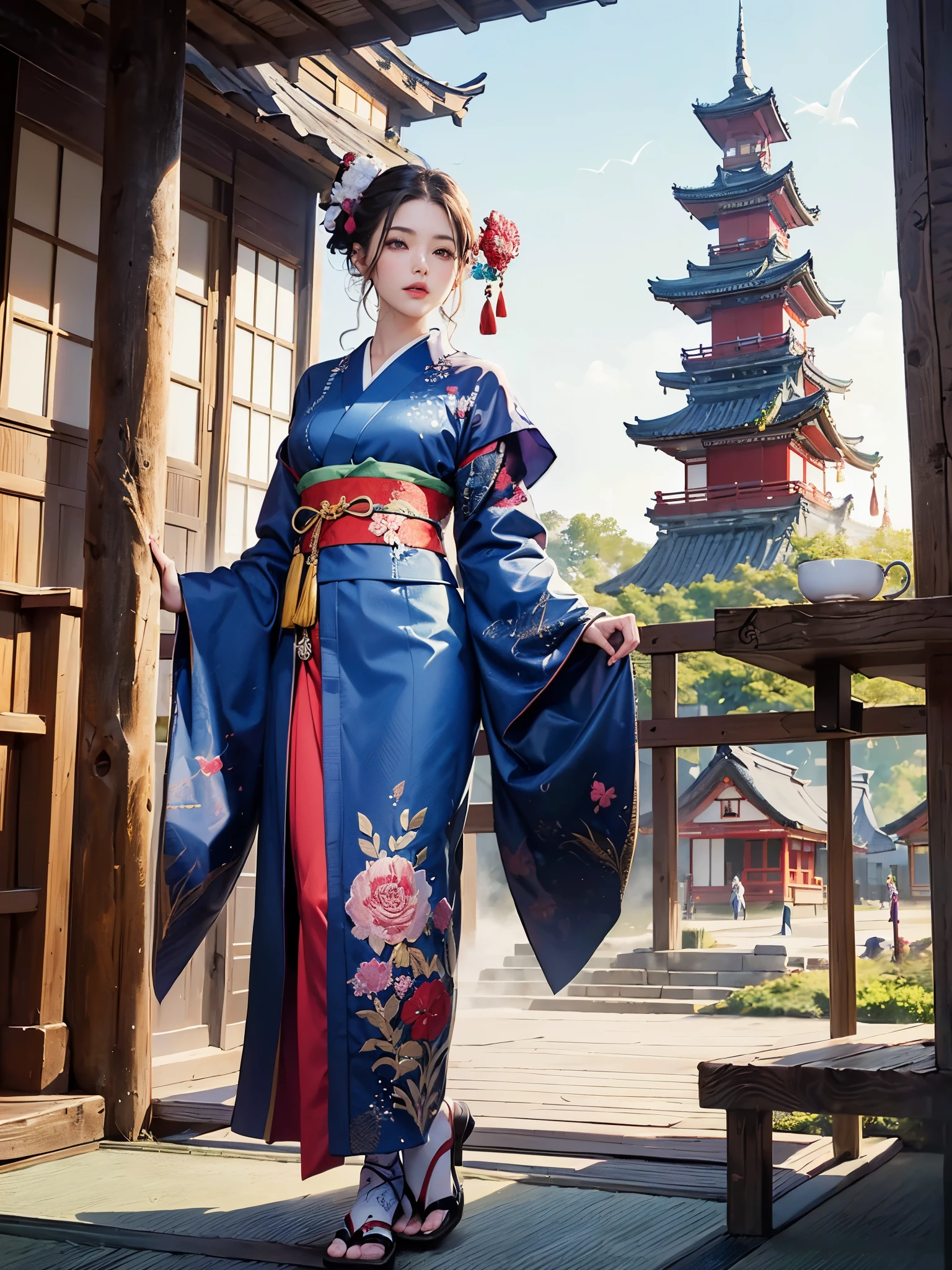 (masterpiece, top quality, best quality, official art, beautiful and aesthetic:1.2), (1girl),elaborate costume(Luxurious Japan kimono(Colorful kimono(detailed embroidery))), extreme detailed,(Fractal art),colorful,highest detailed,昼間のWestern castle in the background,having a tea party,
