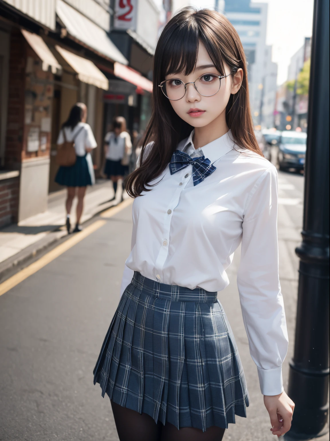 （8K、Raw photography、top-quality、​masterpiece：1.2),Black pantyhose,absurderes,a small face,small tits,flat breast,Parting the bangs from the middle、Forehead visible,(Tight eyes,Bullish,skinny,Rasping,irate)、​masterpiece,top-quality、超A high resolution,Raw photo,ren,Beautiful fece,One Person, 独奏,eye glass,,Dark look,Small breasts,fullllbody,Round glasses、cute little、A Japanese Lady, Standing,(Tight eyes,Bullish,skinny,Rasping,irate,small tits,flat breast)、（Photorealsitic：1.37）、Photon mapping,Light blue ribbon,Realistic、Cute little face,Brown-eyed、Black socks、(Red bow tie)、Radio City、Physically Based Rendering、Foreground、depth of field rally background、a picture,girl with, Long legs, Thin leg,poneyTail,(Bangs are visible), hair, s lips, Blue_The eye, nosesoft,White shirt, Navy blue and white plaid pleated skirt, Knees are visible,Sheer clothing,, Thigh, Black cotton socks,Nogizaka Idol, , Japanese ido