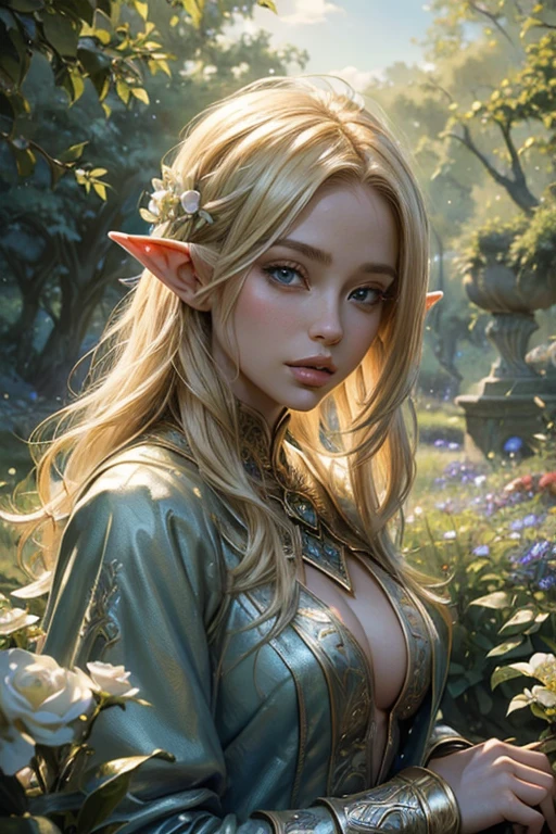 (blond hair,sexy face,extremely detailed eyes and face,elf,wizard,beautiful lips,sharp focus),(oil painting,fantasy),(detailed background,garden with flowers and trees),(best quality,highres),vivid colors,soft lighting,colorful palette