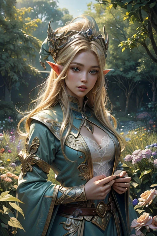 (blond hair,sexy face,extremely detailed eyes and face,elf,wizard,beautiful lips,sharp focus),(oil painting,fantasy),(detailed background,garden with flowers and trees),(best quality,highres),vivid colors,soft lighting,colorful palette