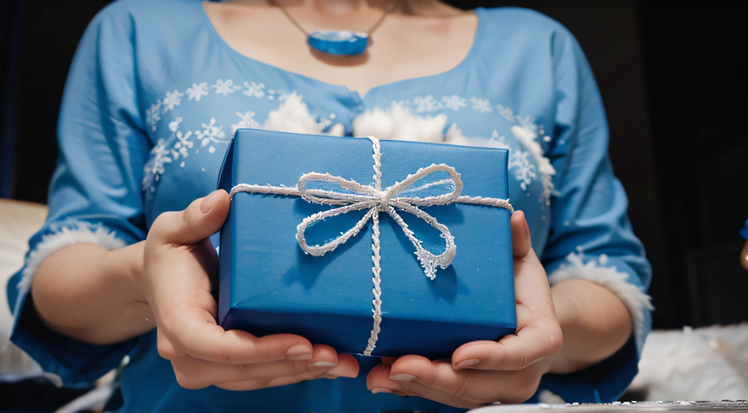 holding blue Christmas present in hands