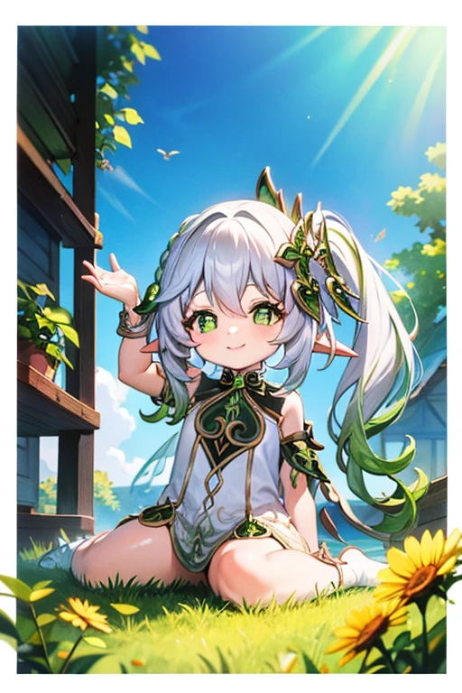 bottomless, nopan, sunbathing, ***********, ****, outside, smiling, sunny, bright sunlight, grass, pointy ears, hair ornament, white hair, green hairstreak, side ponytail, masterpiece, best quality