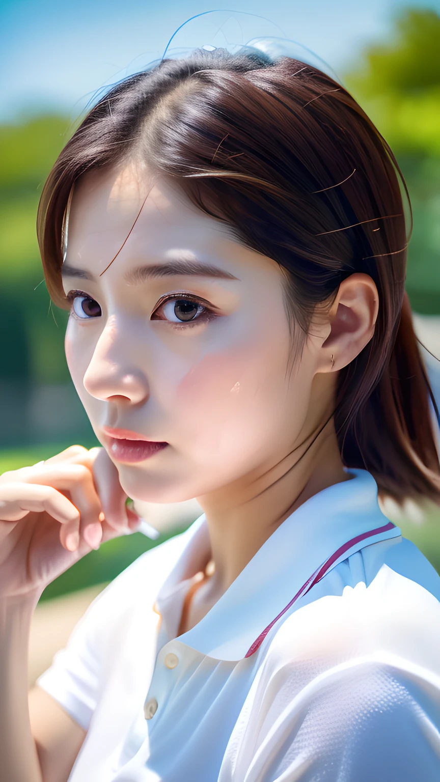 1 girl, Solo, White polo shirt, White sneakers, Pink Tennis Wear: 1.3, White mini skirt, masutepiece, of the highest quality, Realistic, Hyper Detail, (Glossy skin, full of sweat: 1.4), absurdity, Camera gaze, Short black hair, Brown eyes, slender, Dynamic lighting, High resolution, Sharp Focus, depth of fields, Detailed eyes, Sharp eyes, Real AIG: 1.2), (thick thighs: 1.0), plein air, skyporn, Korean Idol, Nogizaka Idol, hposing Gravure Idol, actress,