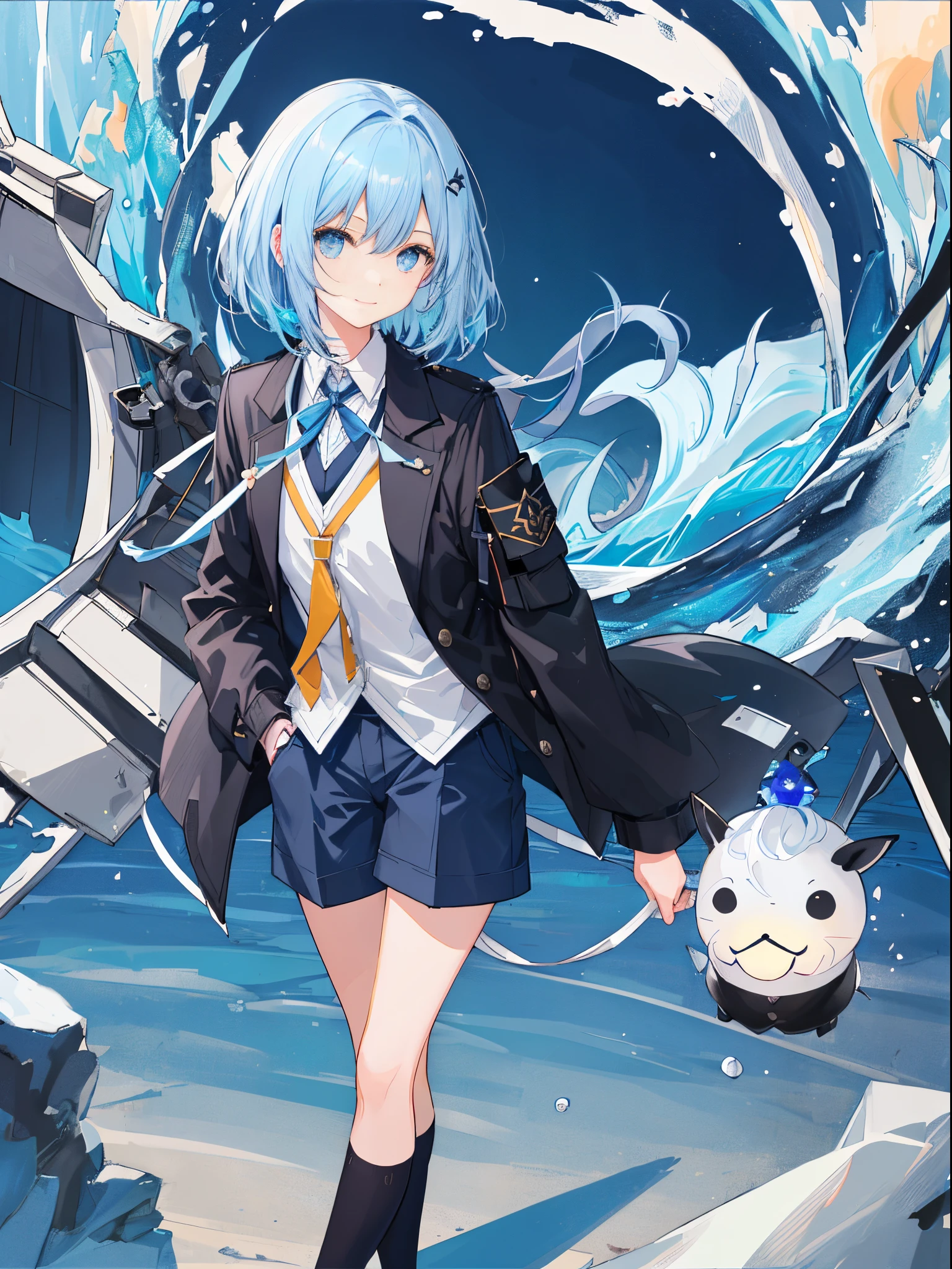 ((top-quality)), ((masterpiece)), ((ultra-detailliert)), (extremely delicate and beautiful), girl with, 独奏, cold attitude,((Black jacket)),She is very(relax)with the(Settled down)Looks,A dark-haired, depth of fields,evil smile,Bubble, under the water, Air bubble,bright light blue eyes,Inner color with light blue hair and dark blue tips,Cold background,Bob Hair - Linear Art, shortpants、knee high socks、White uniform like school uniform、Light blue ribbon ties、Clothes are sheer、Hands in pockets