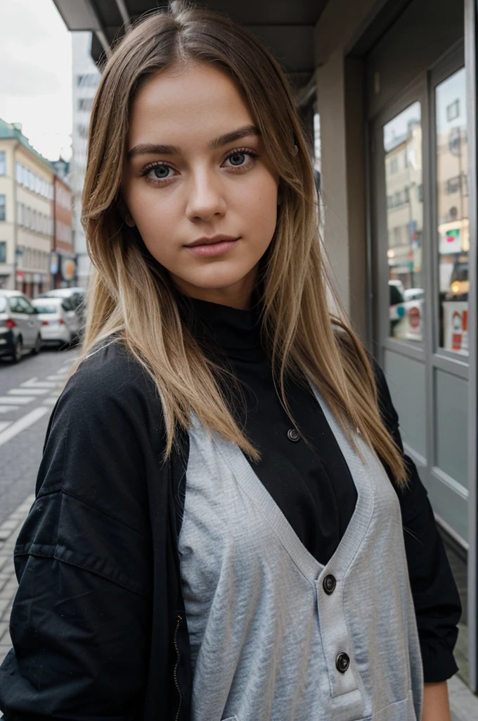 (realistic,photorealistic:1.37),extremely realistic Russian girl with blonde hair and blue eyes,beautiful detailed lips and eyes, detailed and ,imperfect skin,textured skin,upper body,beautiful detailed blonde hair,wearing long brown coat, white with blue stripes jumper, jeans, black boots, wide shot from far away,no hands