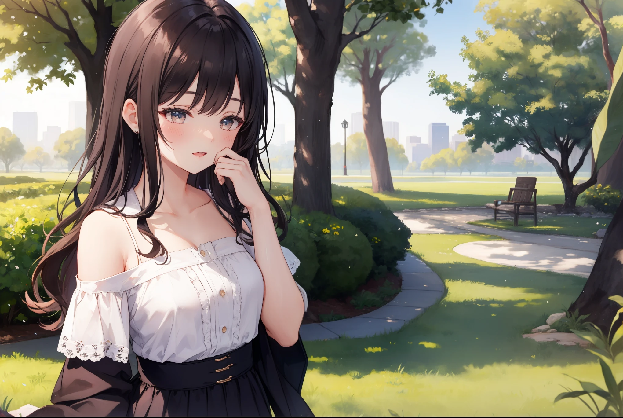 The background is a park、lawn、The tree