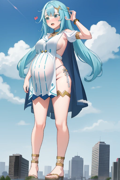 Giant maiden，Moe two-dimensional style，Pregnancy status，Round belly，Gaze at the bustling city, Lying down, Burp, Burping, Loud burp, Really loud burp, Barefoot, Embarrassed, Full body