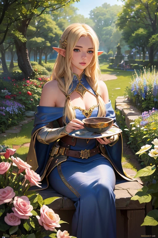 (blond hair,sexy face,extremely detailed eyes and face,elf,wizard,beautiful lips,sharp focus),(oil painting,fantasy),(detailed background,garden with flowers and trees),(best quality,highres),vivid colors,soft lighting,colorful palette