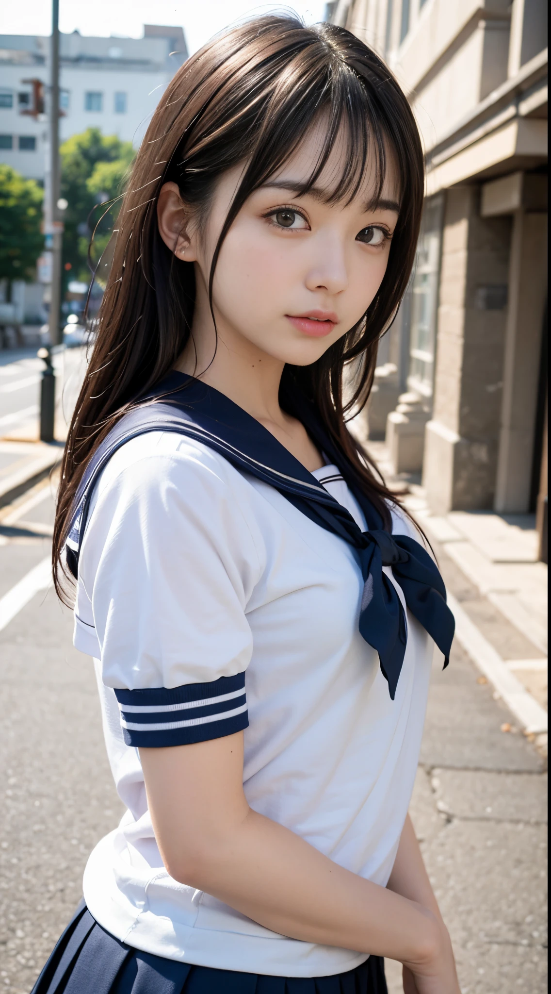 (masutepiece, Best Quality:1.2), 8K, Official art, Raw photo, unbelievable Ridiculous, (Upper body, Sailor Uniform, serafuku:1.4), Beautiful Girl, Pretty Face, arching back down, (Navy pleated skirt:1.1), close up, School uniform, Short sleeve, gardenia, violaceaess, , Street, Looking at Viewer, No makeup, Film grain, chromatic abberation, Sharp Focus, face lights, Dynamic lighting, Cinematic lighting, Eyes and faces with detailed, Bokeh background