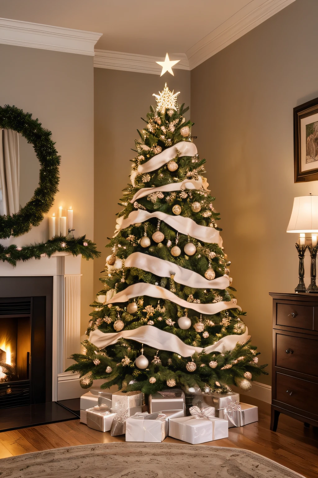 (best quality,4k,8k,highres,masterpiece:1.2),ultra-detailed,(realistic,photorealistic,photo-realistic:1.37),brightly lit,beautifully decorated white Christmas tree with the room,joyful atmosphere