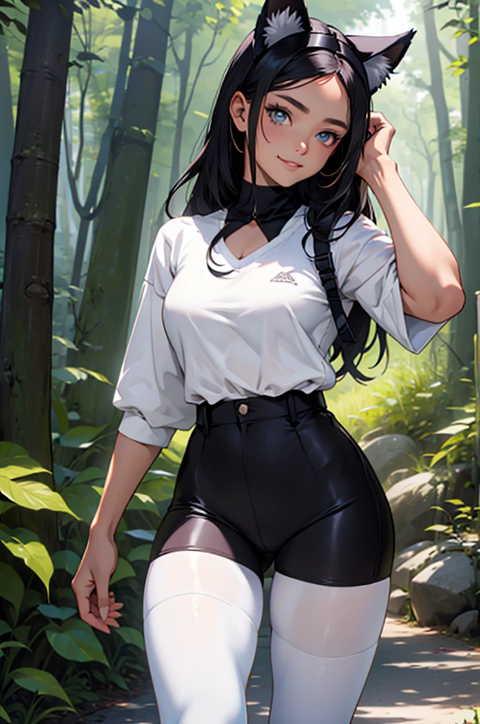 beautiful young woman with cat ears on her head, com rosto bem detalhado e bonito, belos olhos, belos olhos, rosto lindo, beautiful young woman wearing black tights, sueter apertado branco, short pantyhose, Standing in a forest, usando salto alto, cabelo curto preto, morena,orelhas de gato, belo sorriso, tomboy, morena, um pouco musculosa