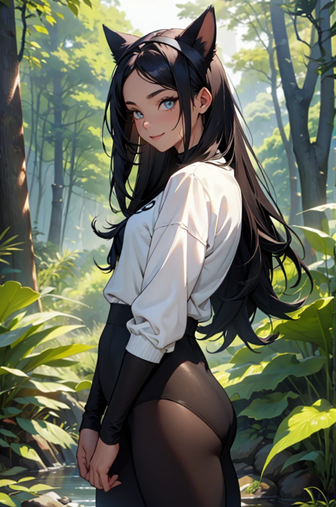 beautiful young woman with cat ears on her head, com rosto bem detalhado e bonito, belos olhos, belos olhos, rosto lindo, beautiful young woman wearing black tights, sueter apertado branco, short pantyhose, Standing in a forest, usando salto alto, cabelo curto preto, morena,orelhas de gato, belo sorriso, tomboy, morena, um pouco musculosa