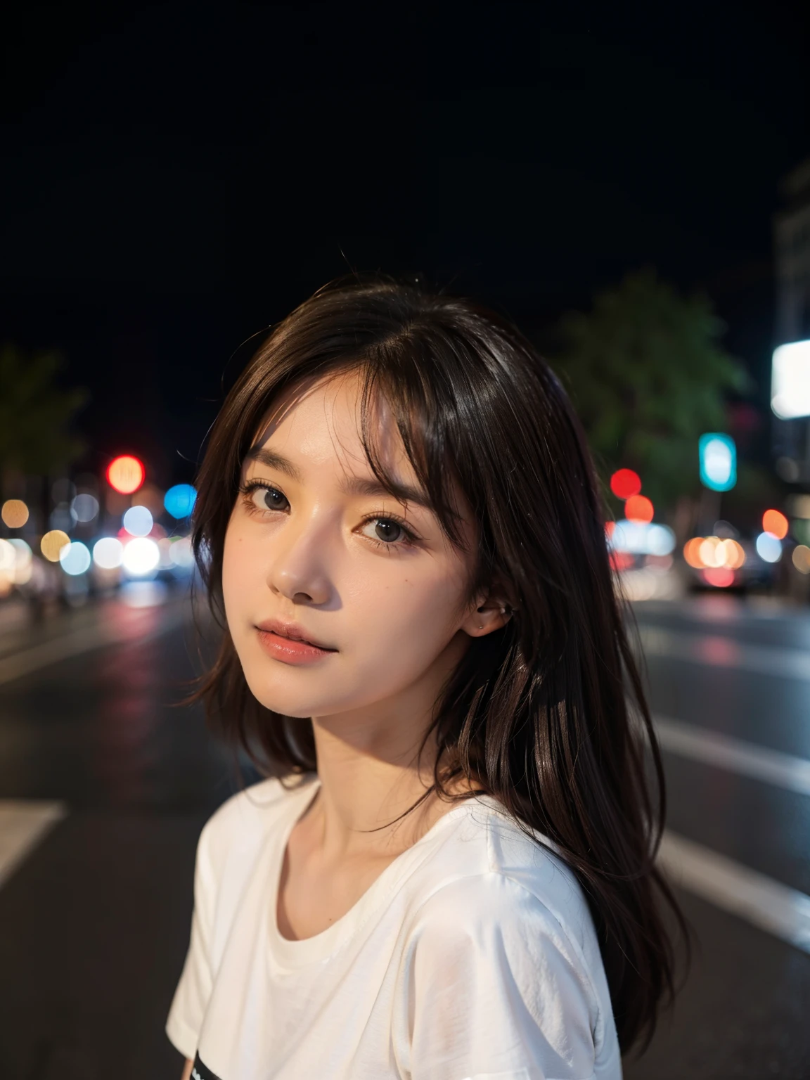 Best Quality, High resolution, masutepiece :1.3), Pretty women, Slender figure, dark brown hair, T-shirt, (Street in city at night), Highly detailed face and skin texture, Detailed eyes, 二重まぶた