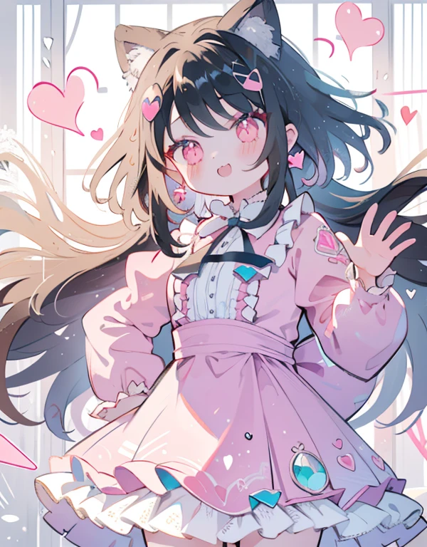 azhiichigo style,Big eyes, dense lines, Cute,,Uecla.Khoico,,upper body up to waist level,.\(Style\):Kawaii Style,,Position\):\1girl in,,..\(appearance\): consistency,Naughty face,Smile,Wavy Hair,Dark hair,Crimson Eye,..\(Clothing\):,(Clothing with a lot of frills, Lace and ribbon:1.2),(Pastel Color Style:1.1),put hands on the hip,Cheeky face,White and pink clothes,,..\(Behavior\):,..\(location\): (surround,Heart-shaped gemstones, Starry Heart),,..\(quality\): Best Quality,masutepiece,,.,