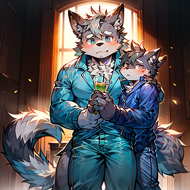 gray haired wolf cub,a high schoolnt,Wolf tail,male people,Cute face sexy ears,Hairy arms,There is hair on the legs,The whole body is covered with hair, Right hand holding a drink