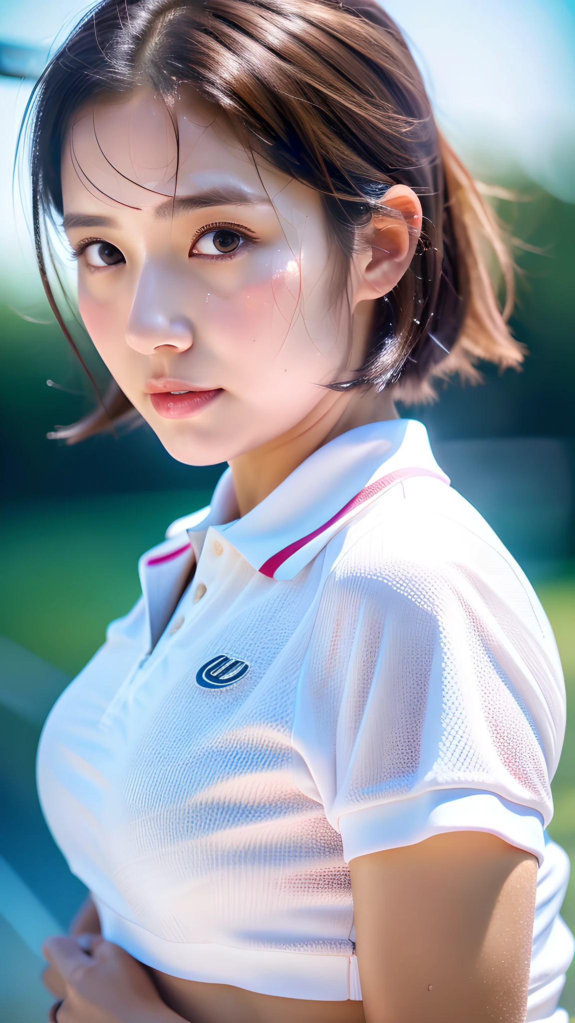1 beautiful woman, Solo, White polo shirt, White sneakers, Pink Tennis Wear: 1.3, White mini skirt, masutepiece, of the highest quality, Realistic, Hyper Detail, (Glossy skin, full of sweat: 1.4), absurdity, Camera gaze, Short black hair, Brown eyes, slender, Dynamic lighting, High resolution, Sharp Focus, depth of fields, Detailed eyes, Real AIG: 1.2), (thick thighs: 1.0), plein air, skyporn, Korean Idol, Nogizaka Idol, hposing Gravure Idol, actress,