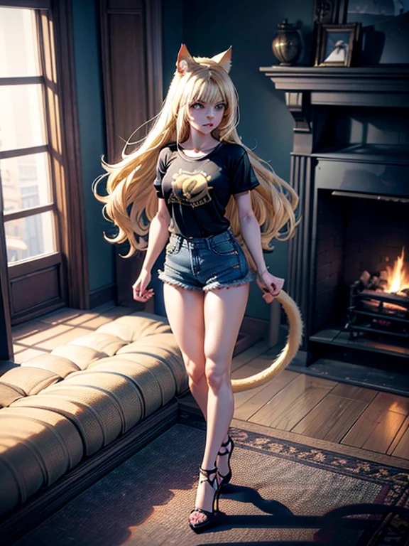 A girl, long blonde hair, blonde pointed neko cat ears, green eyes, crop t-shirt, short denim pants, heels, with a blonde cat tail, standing, full body view, on a carpet in front of a fireplace, high res, ultrasharp, 8K, 3D, masterpiece