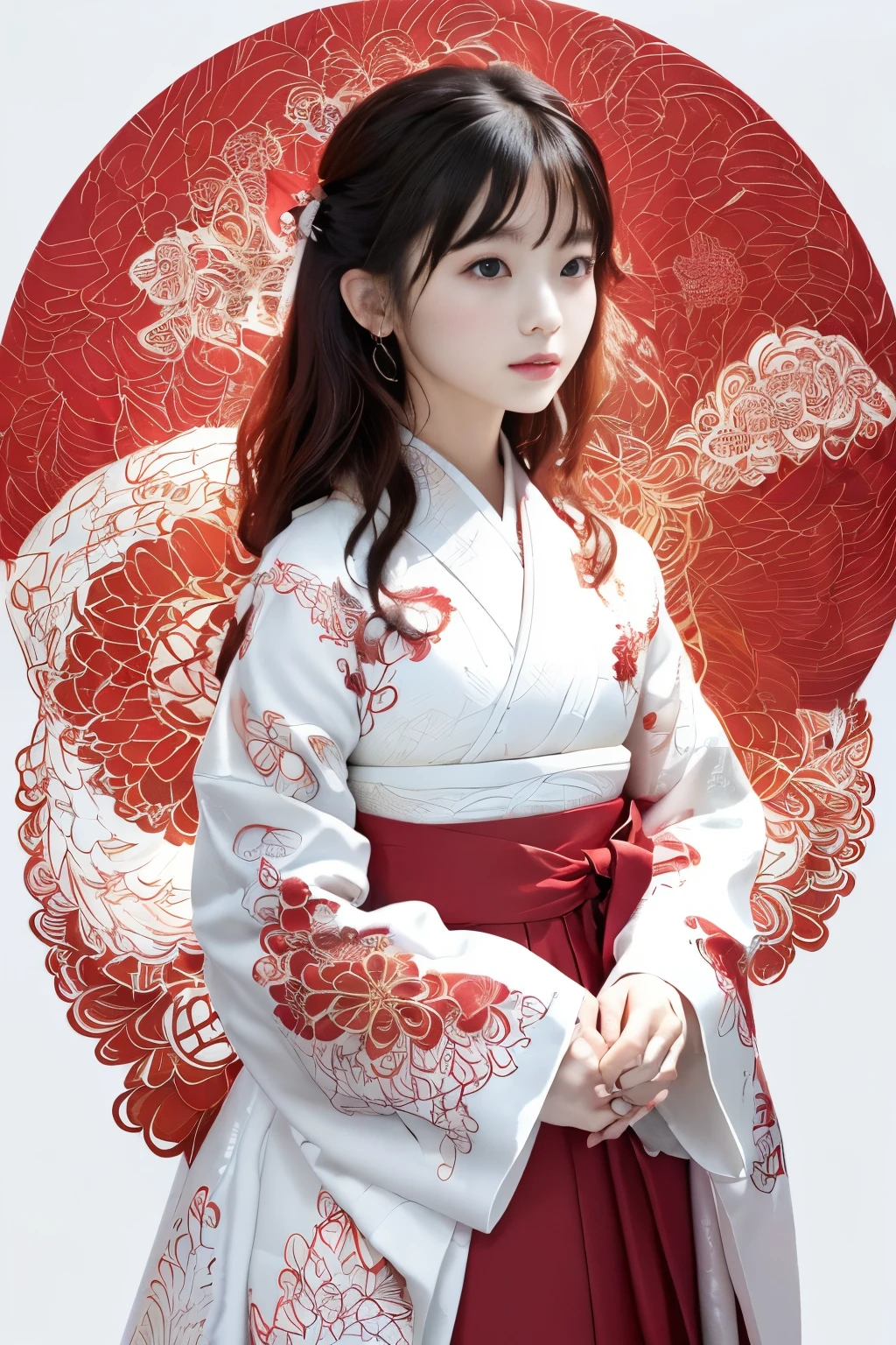 (((white backgrounid、a white world)))、Unity 8K Wall 、ultra-detailliert、Beautifully Aesthetic、masterpiece、top-quality、(Zentangle、a Mandala、Tangles、tangled mammary art:1.3)、One girl、Beautiful black hair、Waseko、Red kimono、Japanese dress、ighly detailed、Dynamic angles、Cowboy Shots、The most beautiful forms chaos、elegent、Brutalist design、Vibrant colors、romantism、Atmosphere、ecstasy musical notes、Streaming music notes are visible、(((white backgrounid、Pure white background、Red circle)))