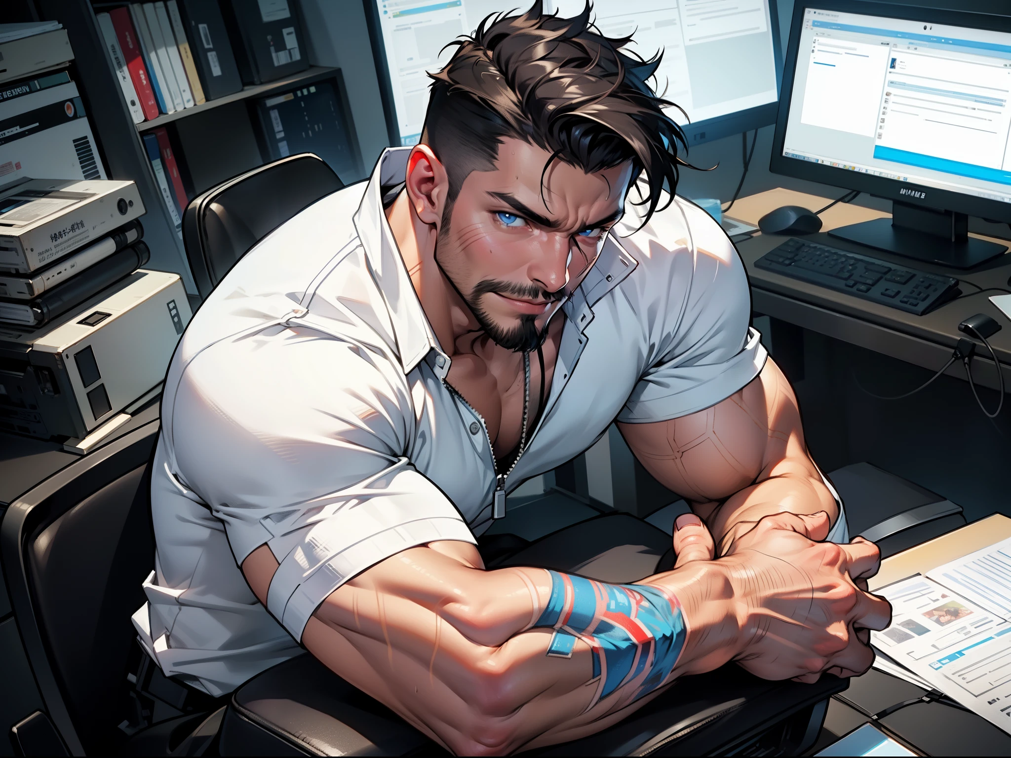 masterpiece, best quality, face, natural eyes, 1 man, solo, bad boy, full body, pilot, a pilot sitting on an office desk with legs stretched, white skin, open chest, lots of black chest tattoo, stubble facial hair, muscular, hunk, short cut hair, black hair, smirks, best quality:1.2, masterpiece, high resolution:1.2, blue eyes, flush, organism, face covered with white fluids, sweating, tight cloth, erecting