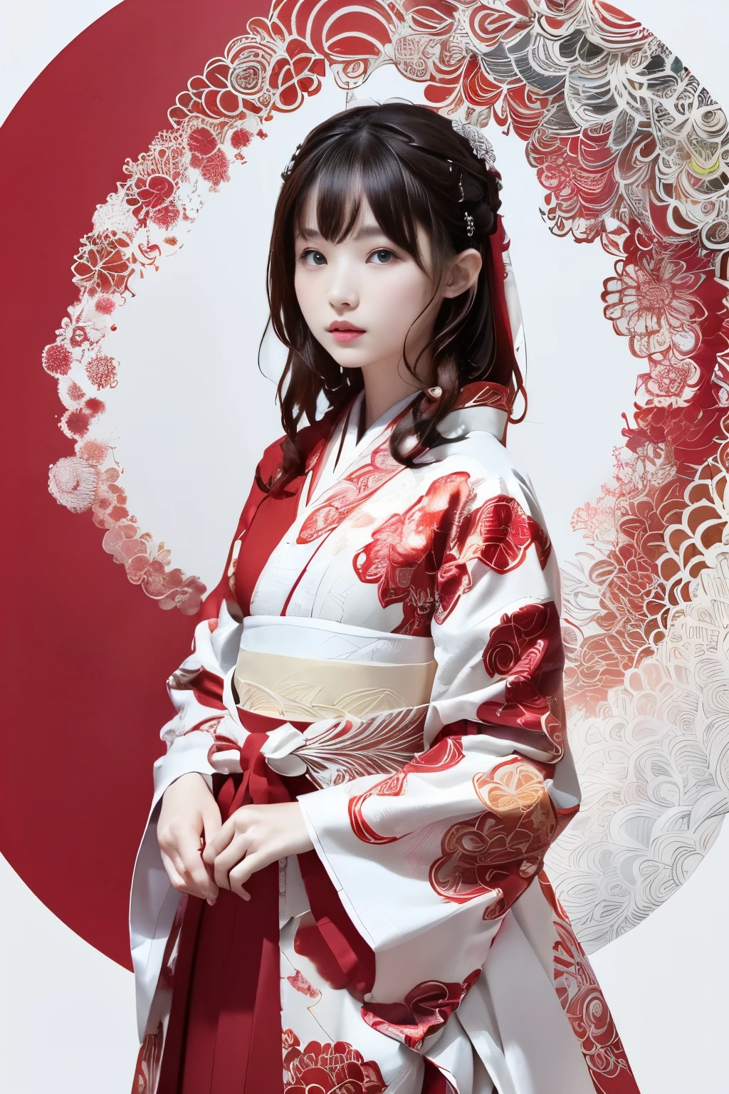 (((white backgrounid、a white world)))、Unity 8K Wall 、ultra-detailliert、Beautifully Aesthetic、masterpiece、top-quality、(Zentangle、a Mandala、Tangles、tangled mammary art:1.3)、One girl、Beautiful black hair、Waseko、Red kimono、Japanese dress、ighly detailed、Dynamic angles、Cowboy Shots、The most beautiful forms chaos、elegent、Brutalist design、Vibrant colors、romantism、Atmosphere、ecstasy musical notes、Streaming music notes are visible、(((white backgrounid、Pure white background、Red circle)))