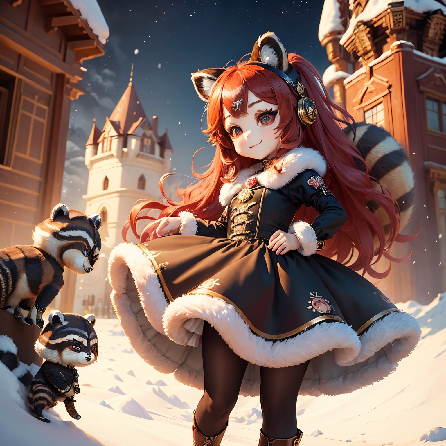 ​masterpiece、top-quality、ultra-detailliert、(Chibi character girl with raccoon ears:1.37),(Fake fur:1.3),Red hair swaying in the wind,gorgeous rococo renaissance gold dress、Red high heels,A smile,Skip,The background is a snow castle