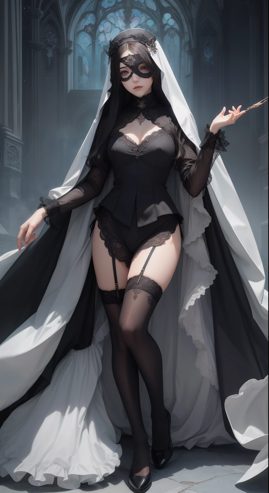 ((1girl, solo)), mature female, beautiful body, (perfect anatomy, perfect body, perfect hands, perfect legs), (five fingers:1.5), natural proportions, sexy body, large breasts, cowboy shot, (legs apart:1.3) ((full body, full body front)) BREAK
((extremely detailed face)), (beautiful detailed eyes:1.6), (realistic pupils, realistic iris:1), expressive eyes, looking at viewer, (clear eyes:1.3), (hyperrealistic:1.2), (detailed skin texture:1.2), smooth skin, (black hair:1.5), red eyes, (detailed lips:1.2), (attractive lips:1.1), (glossy lips:1.1), (parted lips), perfect face, perfect eyes BREAK
(reveling clothes:1.5), witch hat, black dress, cleavage cutout, bare shoulders, detached sleeves, fingerless gloves, ((belt)), (pelvic curtain:1.3), thighs, thigh gap, (groin:1.5), ((no panties)), (black thighhighs:1.5), black footwear BREAK
(masterpiece:1.5), anime-style, top quality, best quality, (beautiful and aesthetic:1.2), (ultra detail:1.5), Ultra-detailed depiction, Ultra-precise depiction, extremely detailed 8k illustration, high resolution, (highly detailed shading:1.2), (realistic lighting:1.4), perfect lighting, vibrant colors, dynamic tones, striking hues, 8k, absurd resolution, perfect shadows, hdr, UHD, ambient lighting, realistic, ultra-realistic, photo realistic, highly detailed, rich detail, luminous colors, fine texture, intricate design, professional illustration, (soft light:1.2), (illustration:0.7)